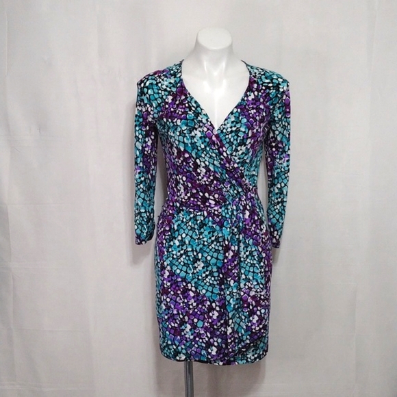 Shelli Segal Faux Wrap Cocktail Dress Size 2 Purple Teal Ruched V-Neck Elegant - Picture 3 of 15
